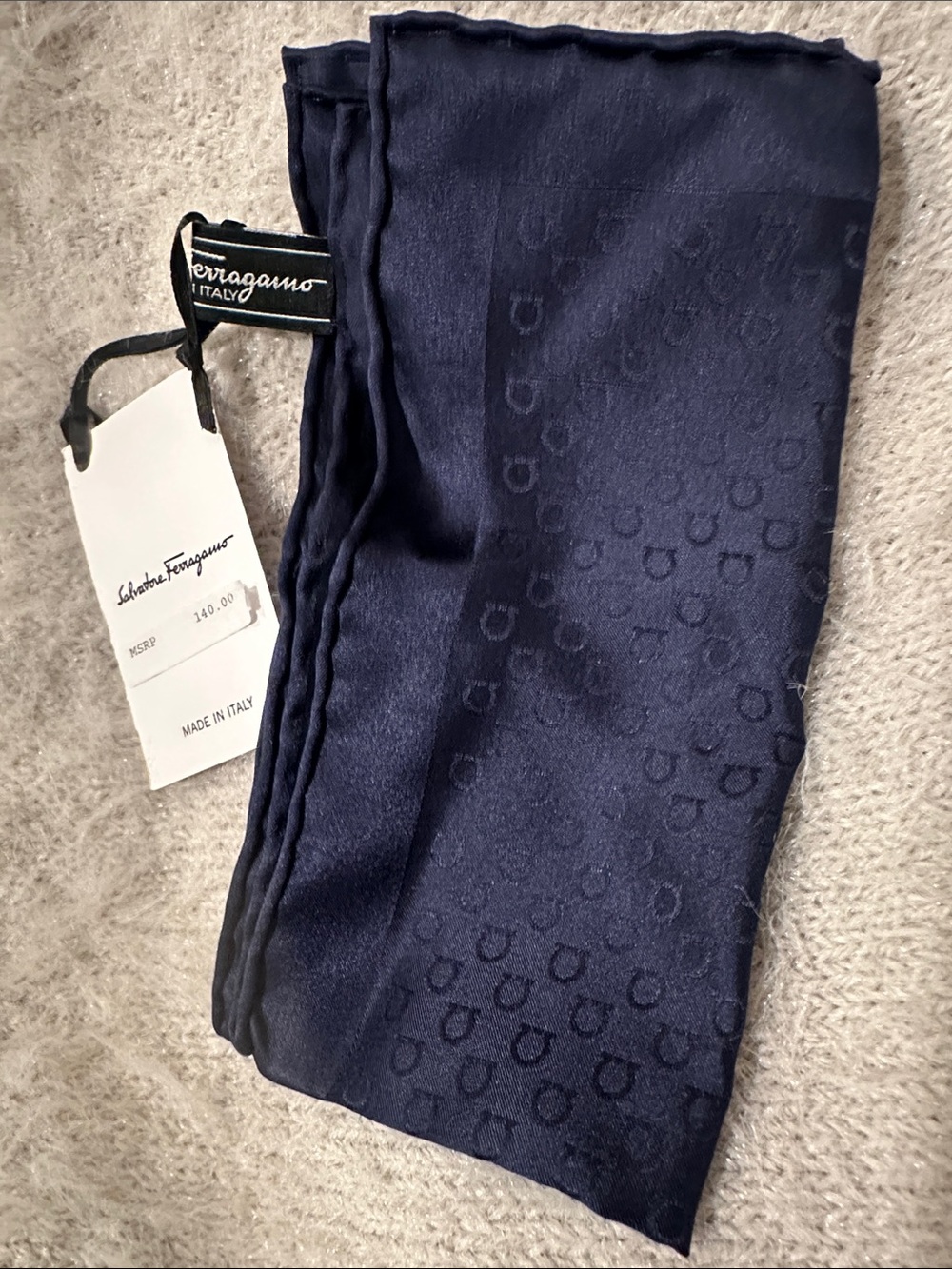 NWT Ferragamo Navy Blue Silk Self Pattern Pocket Square